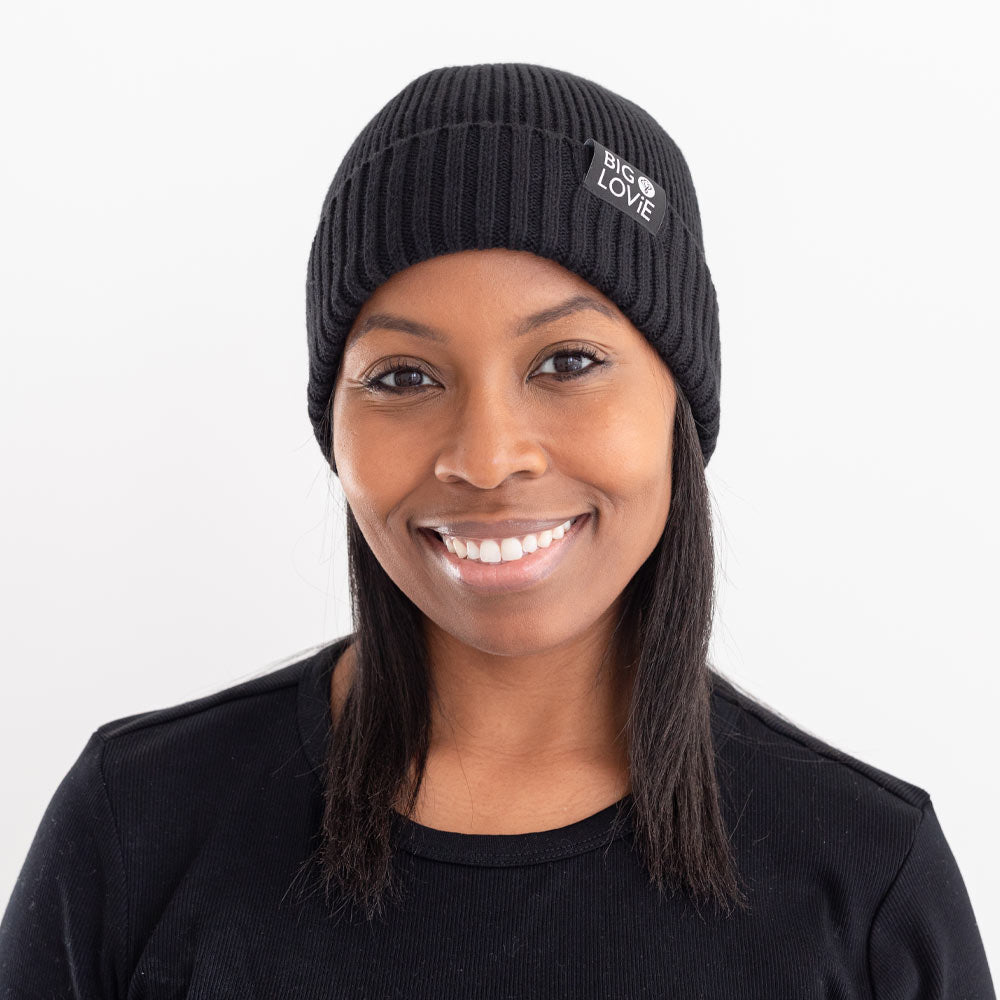 BIG LOViE Badass Cotton Cashmere Beanie Black on smiling woman