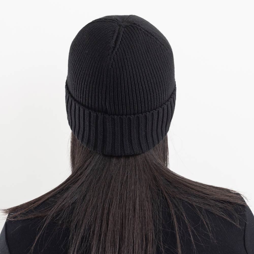 BIG LOViE Badass Cotton Cashmere Beanie Black on woman, back of hat