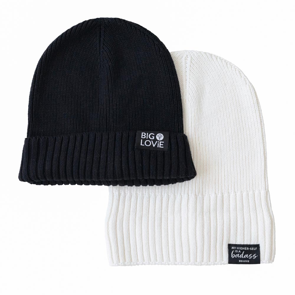 BIG LOViE Badass Cotton Cashmere Beanie Black Logo Label and Ivory Message Label