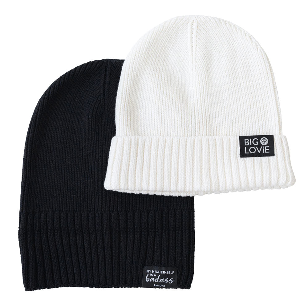 BIG LOViE Badass Cotton Cashmere Beanie Black Message Label and Ivory Logo Label