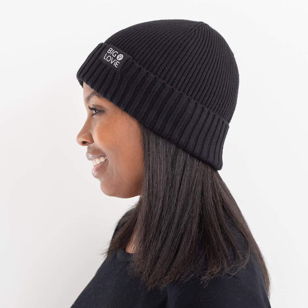 BIG LOViE Badass Cotton Cashmere Beanie Black on smiling woman, side view
