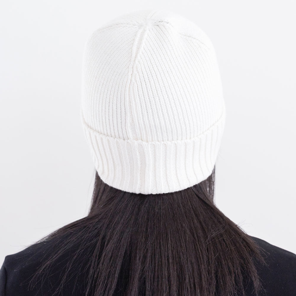 BIG LOViE Badass Cotton Cashmere Beanie Ivory back, on woman