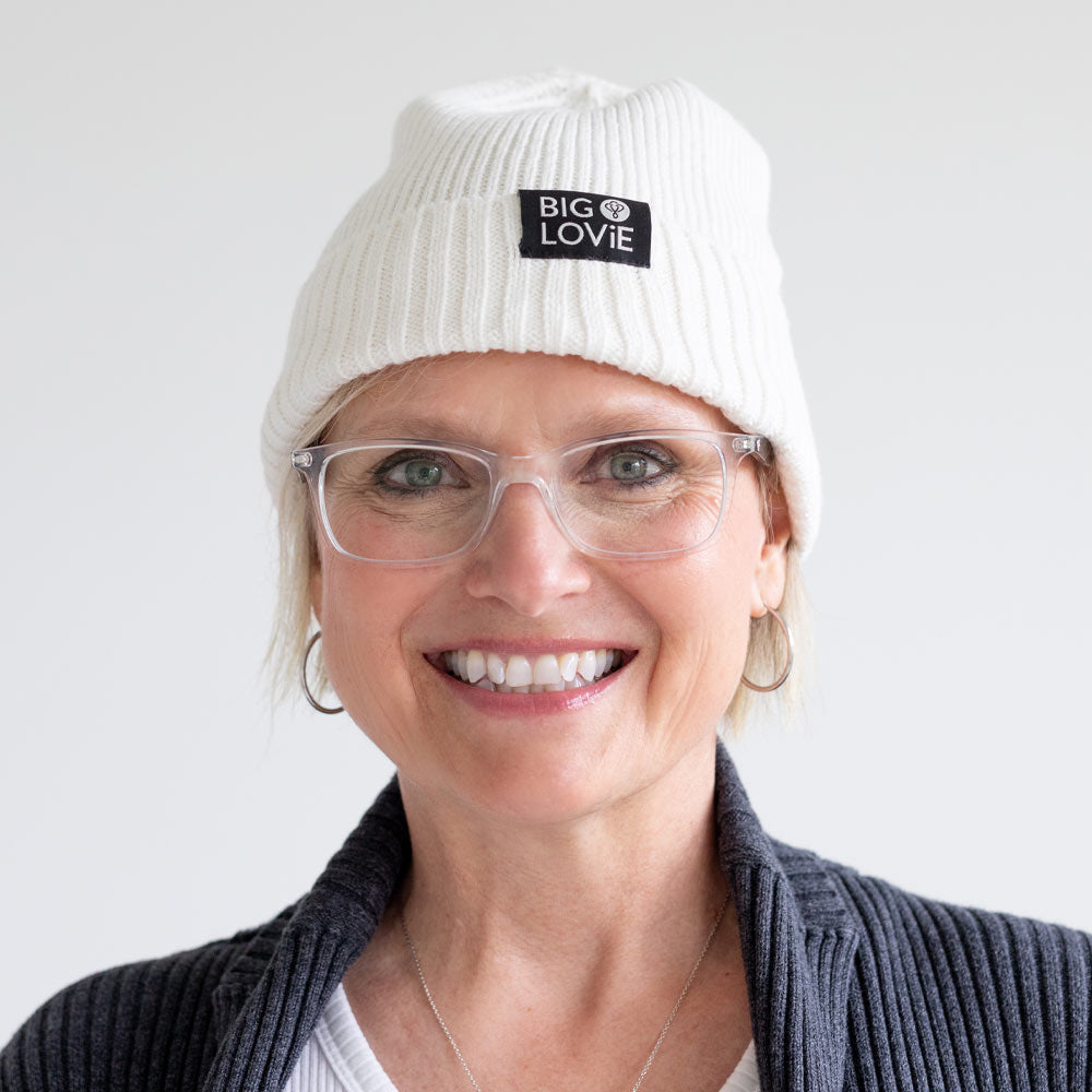 BIG LOViE Badass Cotton Cashmere Beanie Ivory on smiling woman