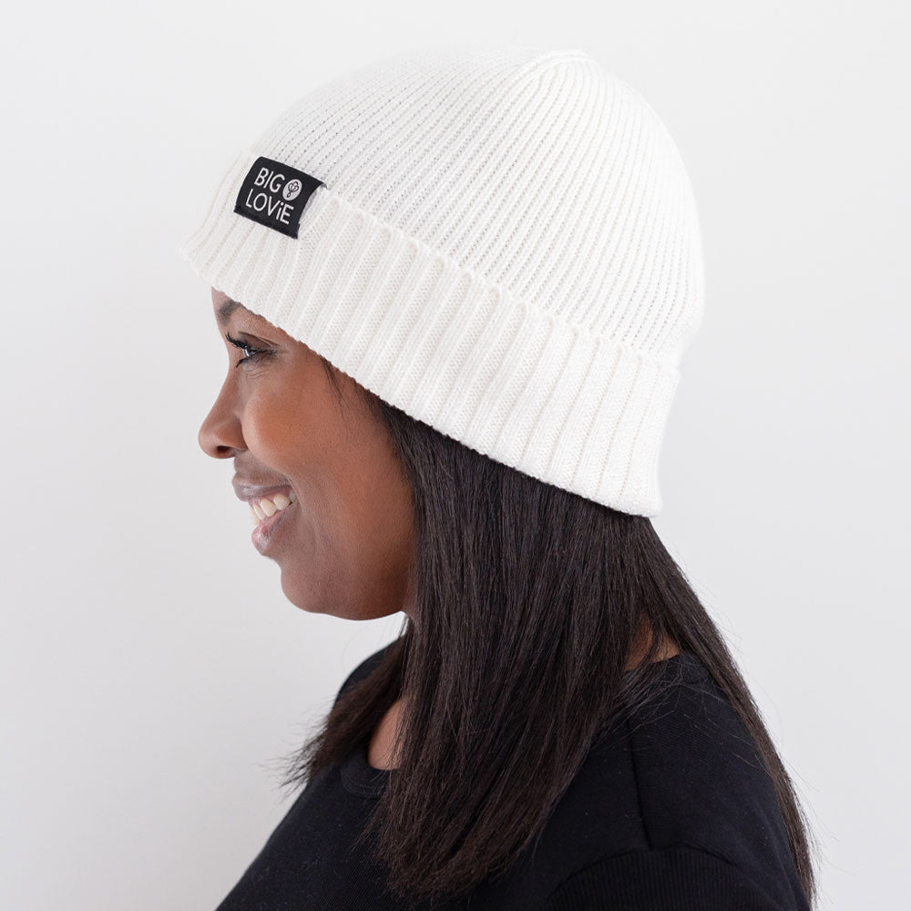 BIG LOViE Badass Cotton Cashmere Beanie Ivory side, on woman