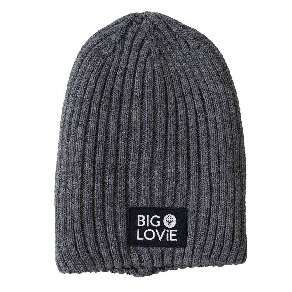 BIG LOViE Let the Fun Begin Gray Beanie, front of hat with logo label
