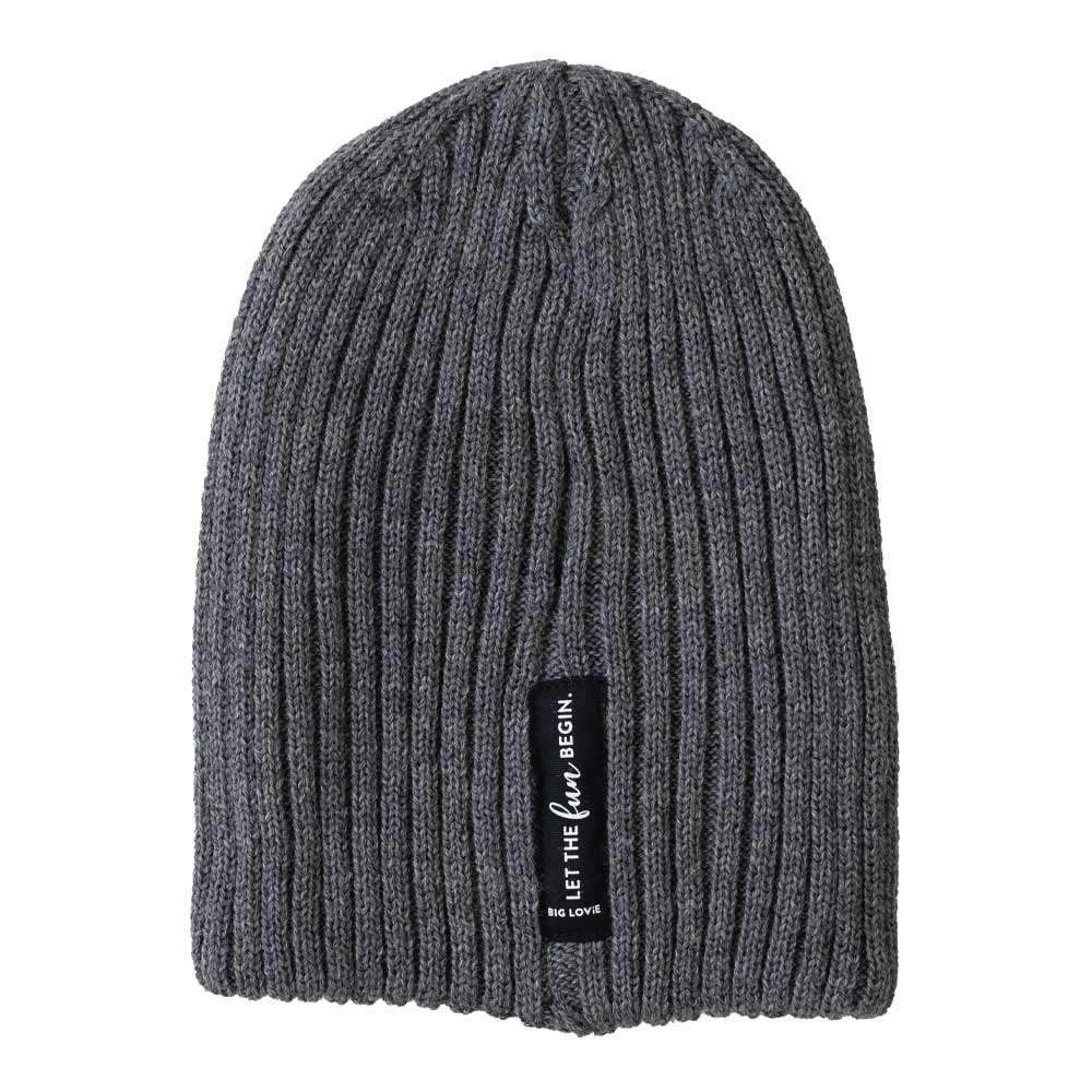 BIG LOViE Let the Fun Begin Gray Beanie, back of hat with message label