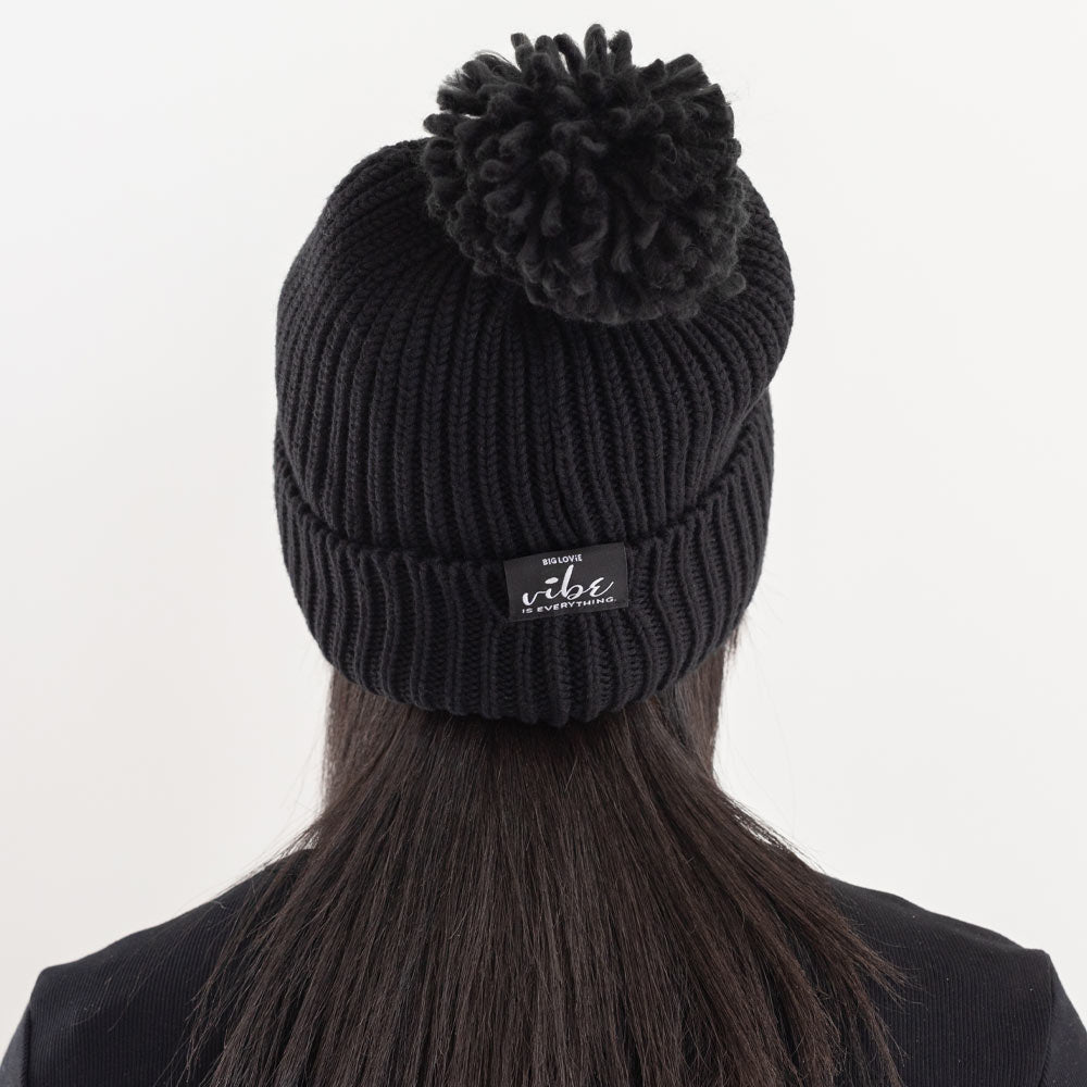 BIG LOViE Vibe Black Cotton Cashmere Hat with Pom, Vibe is Everything message label 