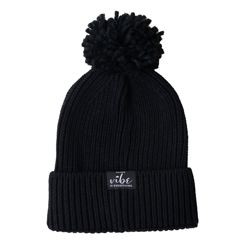 BIG LOViE Vibe Black Cotton Cashmere Hat with Pom, Vibe is Everything message label 