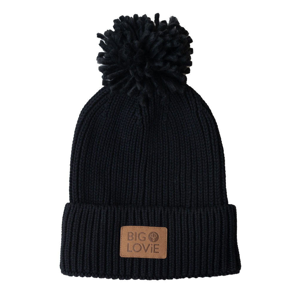 BIG LOViE Vibe Black Cotton Cashmere Hat with Pom, embossed faux logo label
