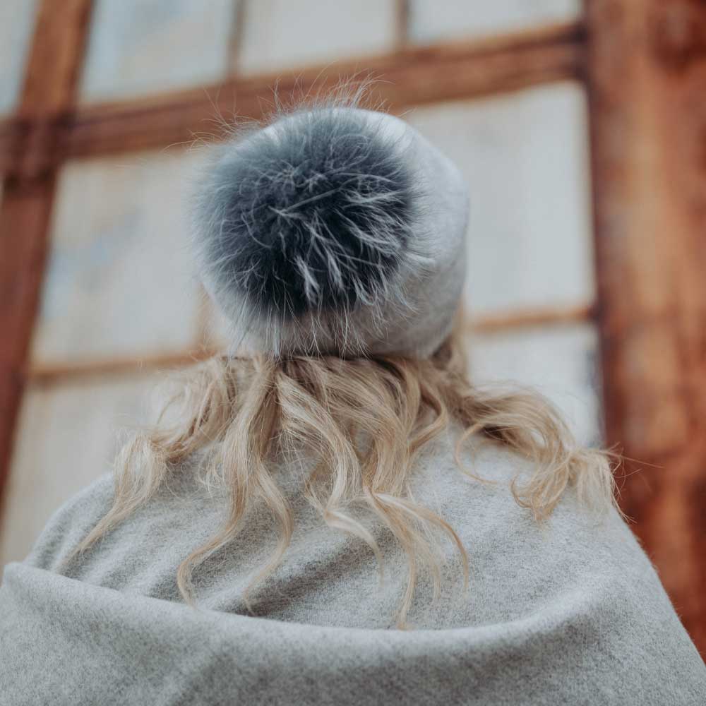 SUPER SOFT SLOUCH HAT WITH REAL FUR POM | ASH