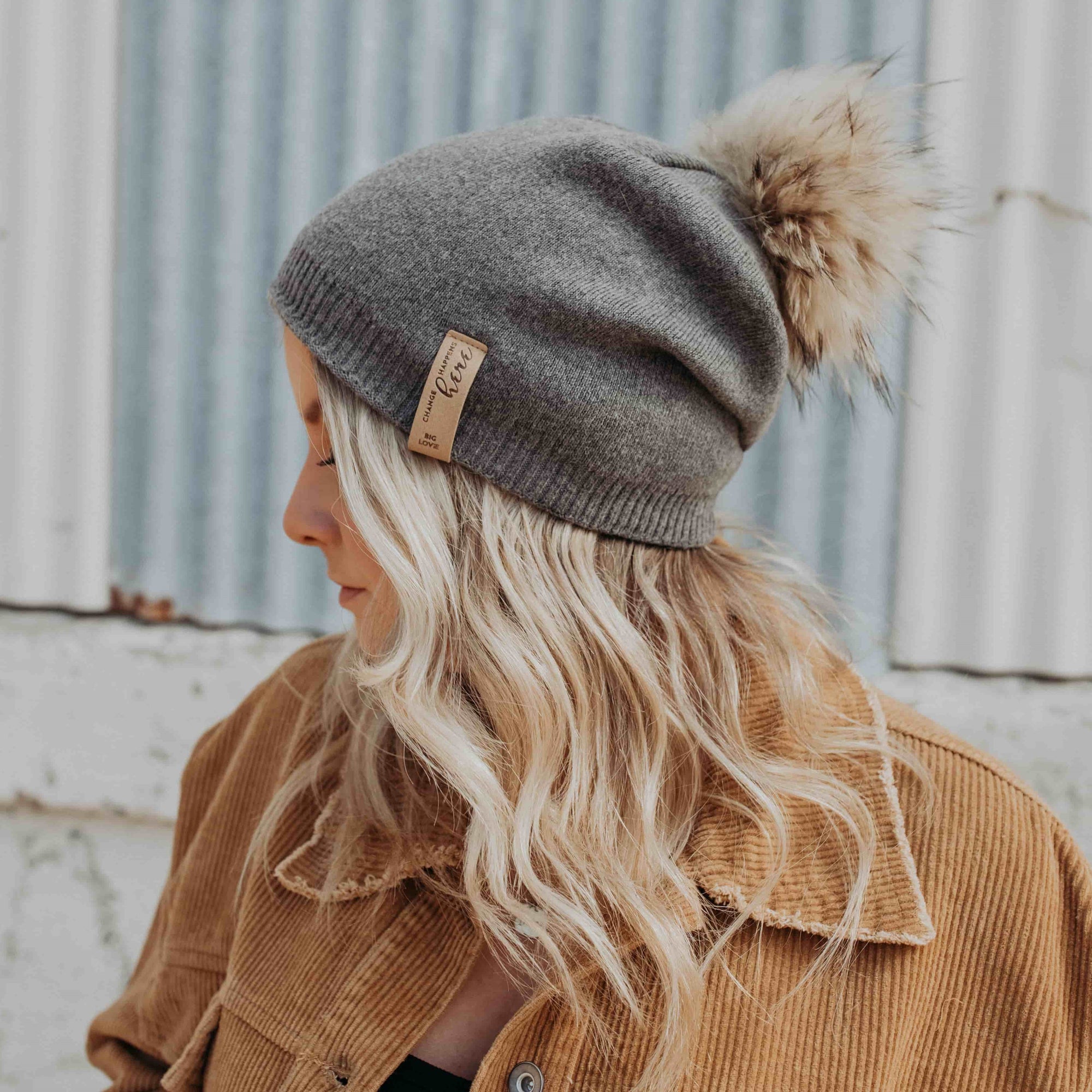 SUPER SOFT SLOUCH HAT WITH REAL FUR POM | CHARCOAL